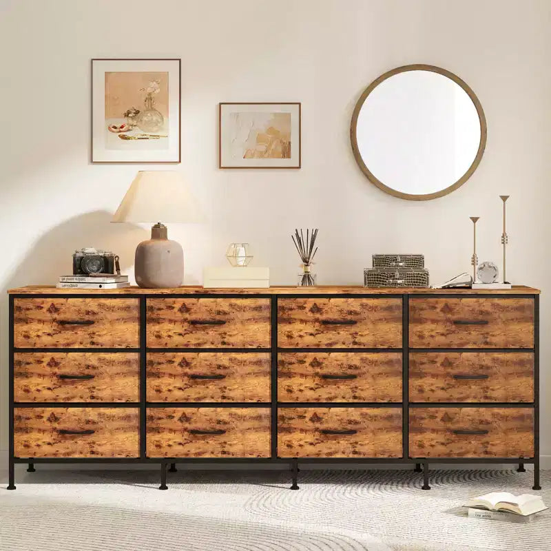 70 Inch TV Stands for Living Room, 12 Fabric Drawers, Charging Station, Long Entertainment Center Up to 80 Inch TV, Media Table with Storage