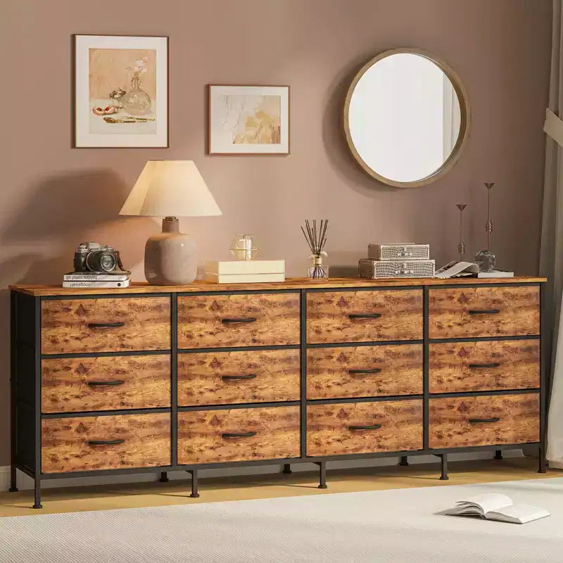 70 Inch TV Stands for Living Room, 12 Fabric Drawers, Charging Station, Long Entertainment Center Up to 80 Inch TV, Media Table with Storage