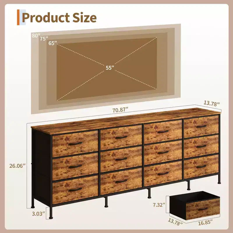 70 Inch TV Stands for Living Room, 12 Fabric Drawers, Charging Station, Long Entertainment Center Up to 80 Inch TV, Media Table with Storage