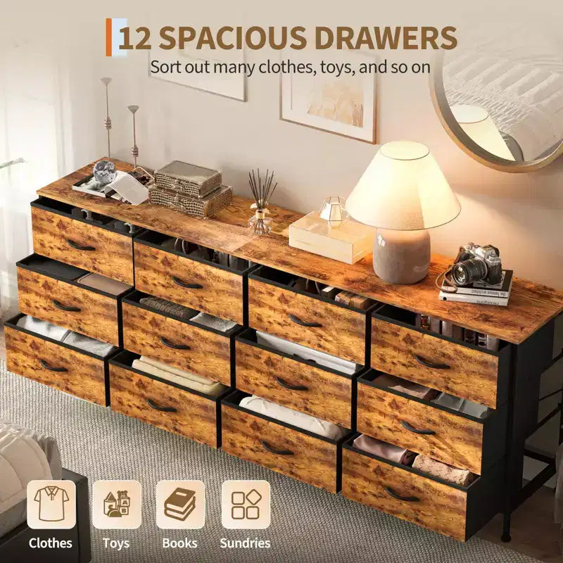 70 Inch TV Stands for Living Room, 12 Fabric Drawers, Charging Station, Long Entertainment Center Up to 80 Inch TV, Media Table with Storage
