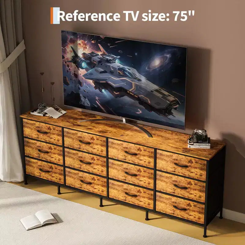 70 Inch TV Stands for Living Room, 12 Fabric Drawers, Charging Station, Long Entertainment Center Up to 80 Inch TV, Media Table with Storage