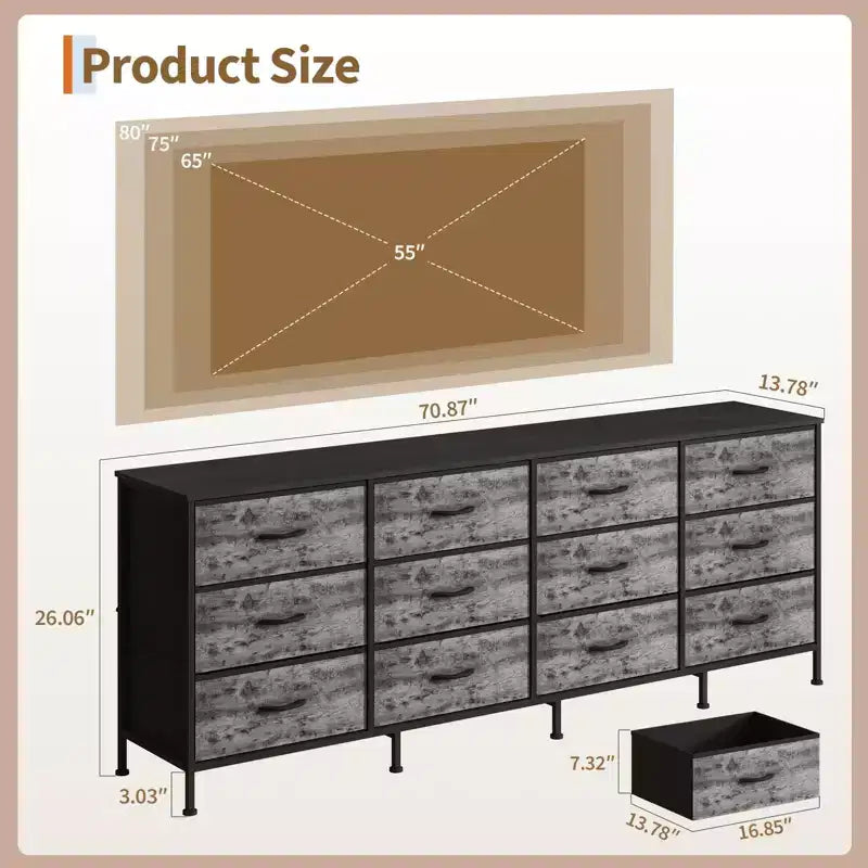 70 Inch TV Stands for Living Room, 12 Fabric Drawers, Charging Station, Long Entertainment Center Up to 80 Inch TV, Media Table with Storage