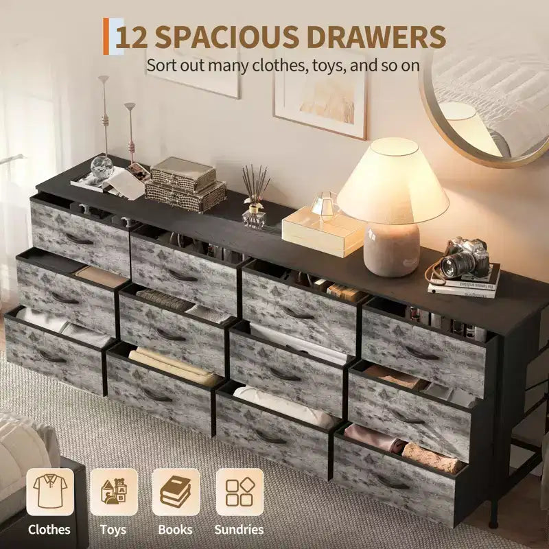 70 Inch TV Stands for Living Room, 12 Fabric Drawers, Charging Station, Long Entertainment Center Up to 80 Inch TV, Media Table with Storage