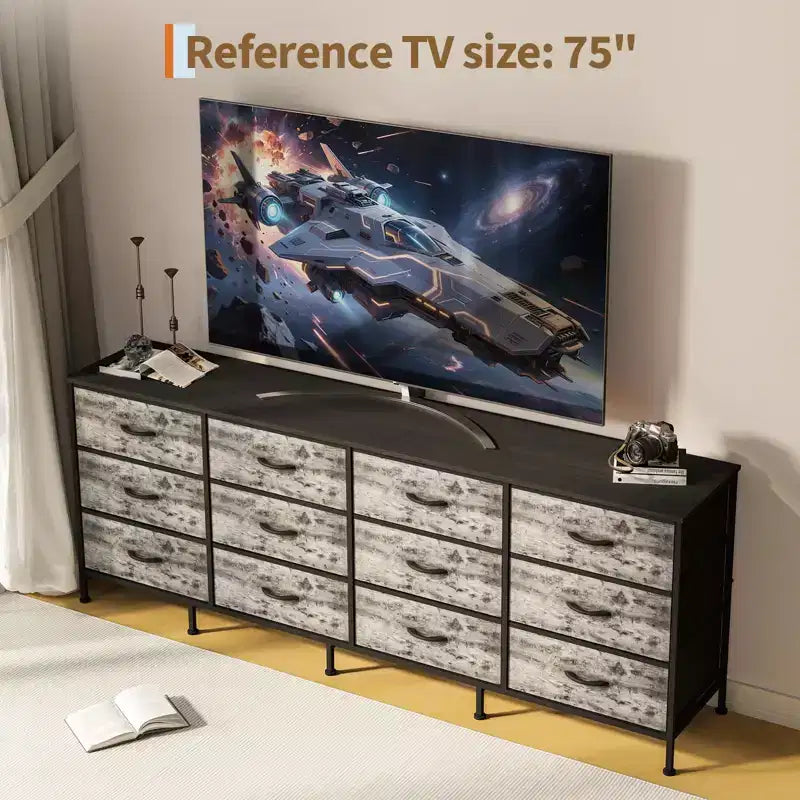 70 Inch TV Stands for Living Room, 12 Fabric Drawers, Charging Station, Long Entertainment Center Up to 80 Inch TV, Media Table with Storage