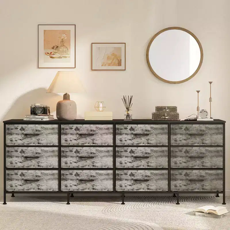 70 Inch TV Stands for Living Room, 12 Fabric Drawers, Charging Station, Long Entertainment Center Up to 80 Inch TV, Media Table with Storage