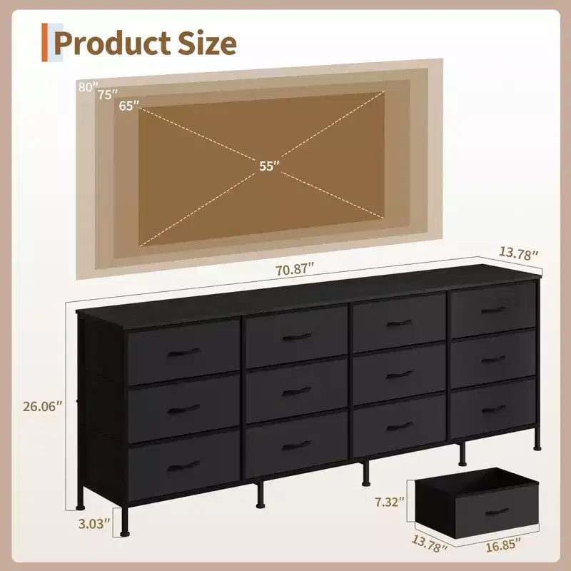 70 Inch TV Stands for Living Room, 12 Fabric Drawers, Charging Station, Long Entertainment Center Up to 80 Inch TV, Media Table with Storage