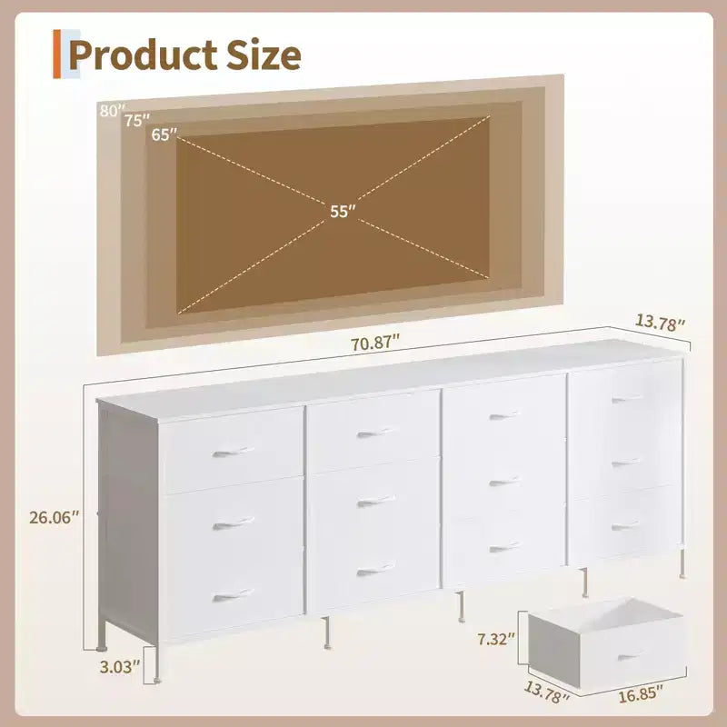 70 Inch TV Stands for Living Room, 12 Fabric Drawers, Charging Station, Long Entertainment Center Up to 80 Inch TV, Media Table with Storage