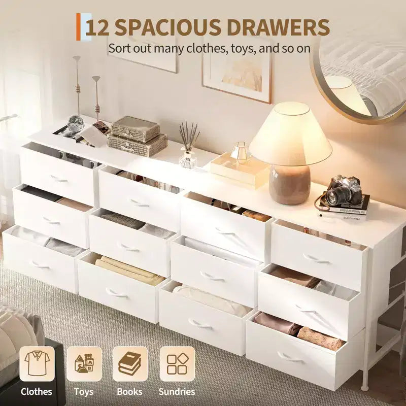 70 Inch TV Stands for Living Room, 12 Fabric Drawers, Charging Station, Long Entertainment Center Up to 80 Inch TV, Media Table with Storage