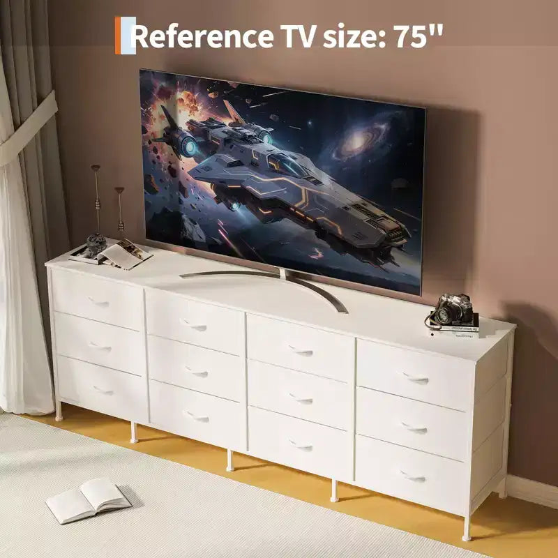 70 Inch TV Stands for Living Room, 12 Fabric Drawers, Charging Station, Long Entertainment Center Up to 80 Inch TV, Media Table with Storage