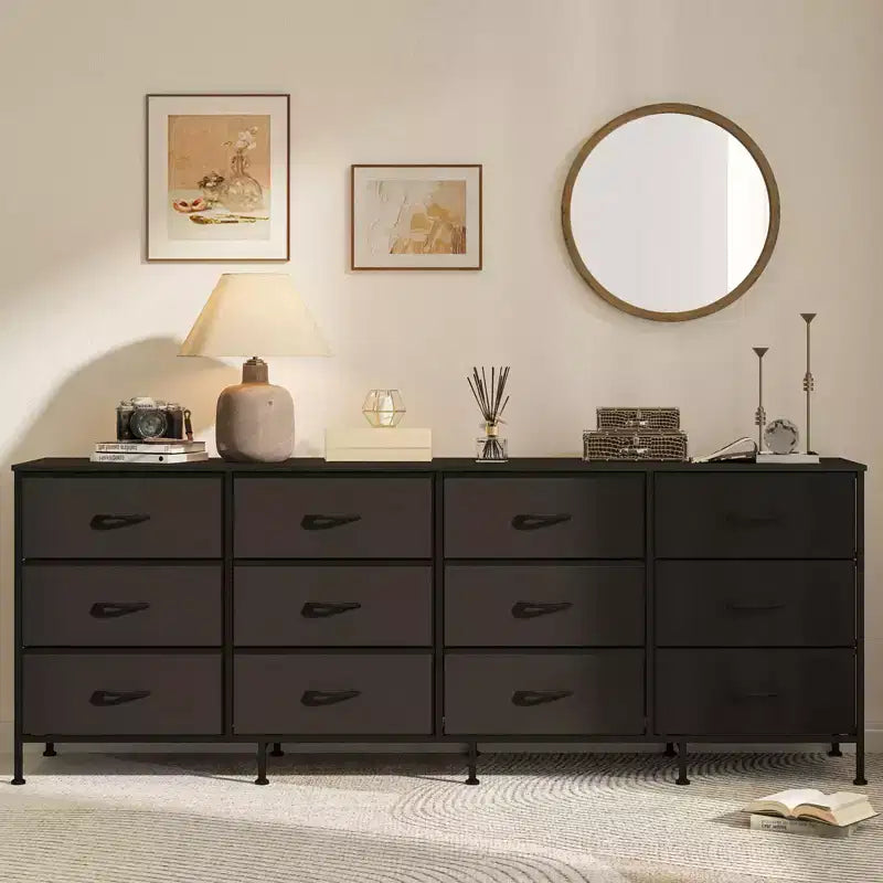 70 Inch TV Stands for Living Room, 12 Fabric Drawers, Charging Station, Long Entertainment Center Up to 80 Inch TV, Media Table with Storage