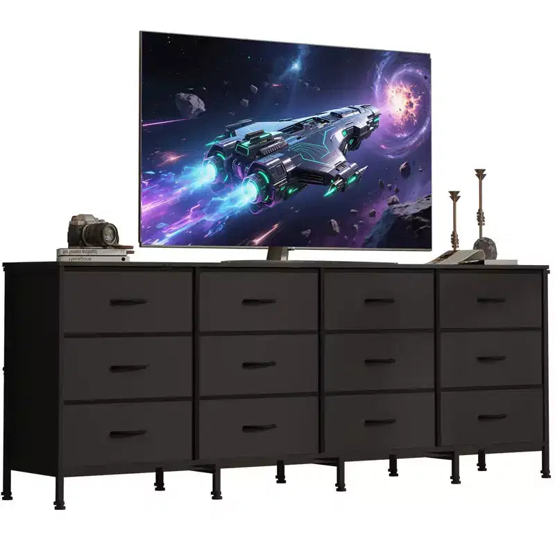 70 Inch TV Stands for Living Room, 12 Fabric Drawers, Charging Station, Long Entertainment Center Up to 80 Inch TV, Media Table with Storage
