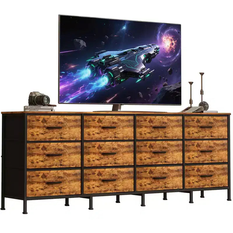 70 Inch TV Stands for Living Room, 12 Fabric Drawers, Charging Station, Long Entertainment Center Up to 80 Inch TV, Media Table with Storage
