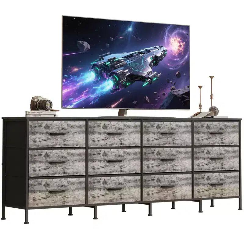 70 Inch TV Stands for Living Room, 12 Fabric Drawers, Charging Station, Long Entertainment Center Up to 80 Inch TV, Media Table with Storage