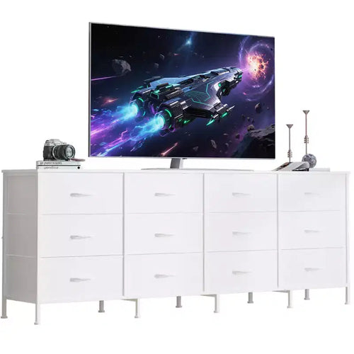 177.8 cm TV Stands for Living Room, 12 Fabric Drawers, Charging Station, Long Entertainment Center Up to 203.2 cm TV, Media Table with Storage