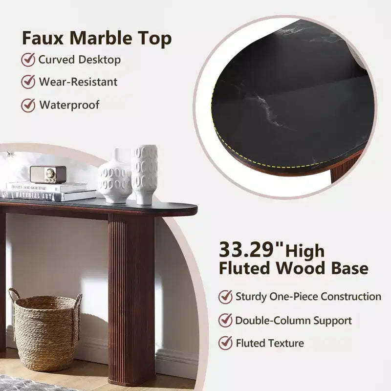 63 Modern Table, Narrow Entryway Tables for Hallway, Arc Faux Marble Texture Top, Fluted Sofa Side Display Table for Living Room