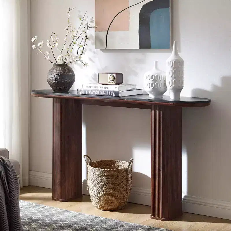 63 Modern Console Table, Narrow Entryway Tables for Hallway, Arc Faux Marble Texture Top, Fluted Sofa Side Display Table for Living Room