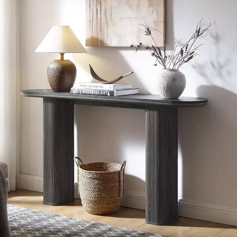 63 Modern Table, Narrow Entryway Tables for Hallway, Arc Faux Marble Texture Top, Fluted Sofa Side Display Table for Living Room