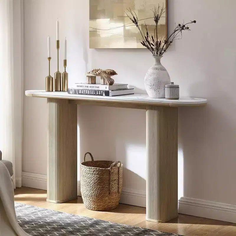 63 Modern Table, Narrow Entryway Tables for Hallway, Arc Faux Marble Texture Top, Fluted Sofa Side Display Table for Living Room