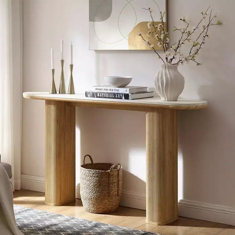63 Modern Table, Narrow Entryway Tables for Hallway, Arc Faux Marble Texture Top, Fluted Sofa Side Display Table for Living Room
