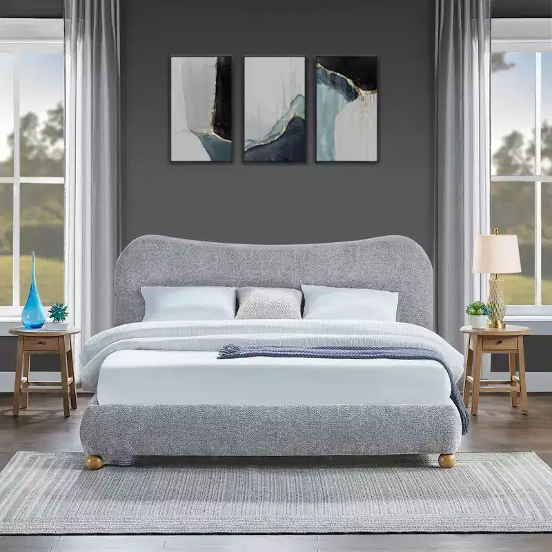 Contemporary Queen Size Upholstered Platform Bed with Bun Feet