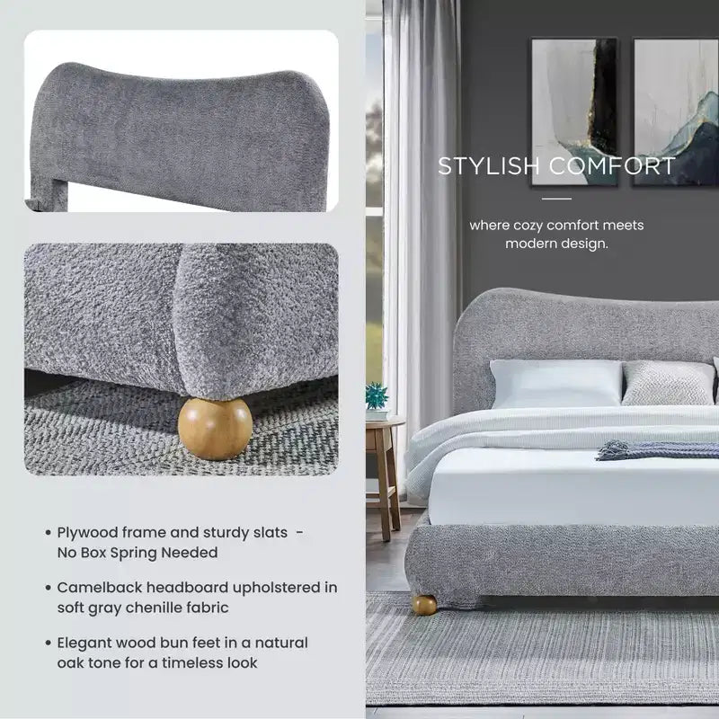 Contemporary Queen Size Upholstered Platform Bed with Bun Feet