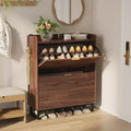 COZONY Shoe Storage Cabinet with 2 Flip Drawers, Narrow Fluted Shoe Rack Organizer, Walnut, 11.8in Deep