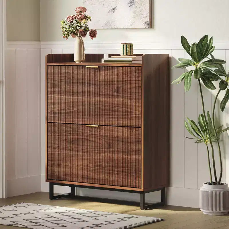 Storage Cabinet with 2 Flip Drawers, Narrow Fluted Rack Organizer, Walnut, 11.8in Deep