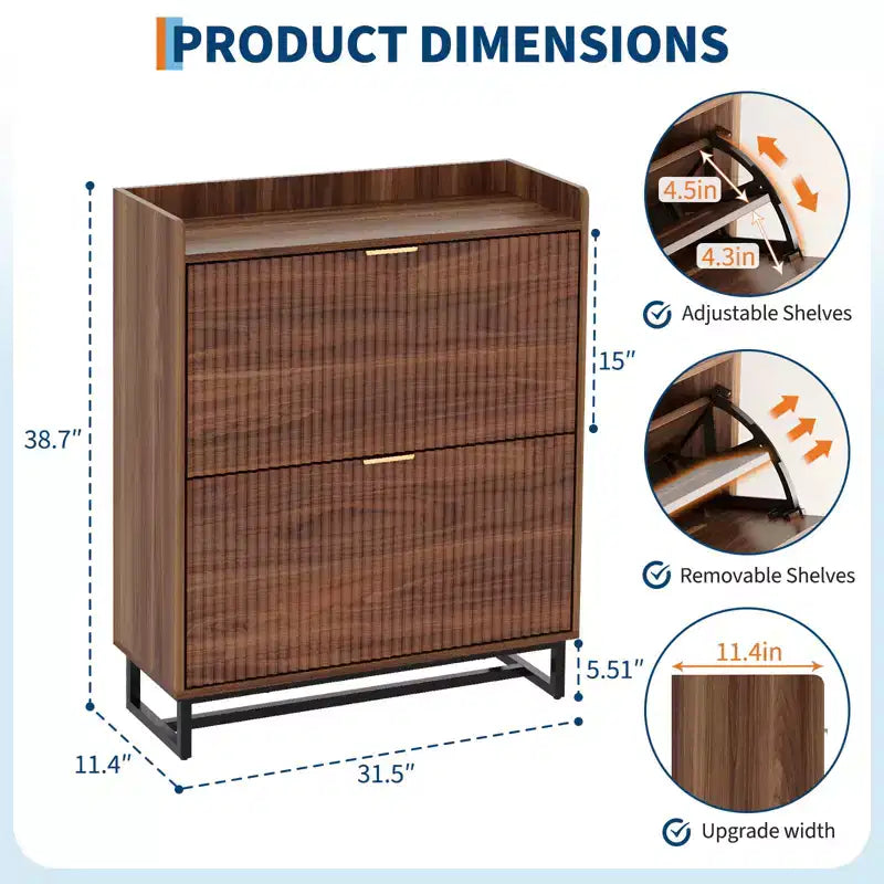 Storage Cabinet with 2 Flip Drawers, Narrow Fluted Rack Organizer, Walnut, 11.8in Deep