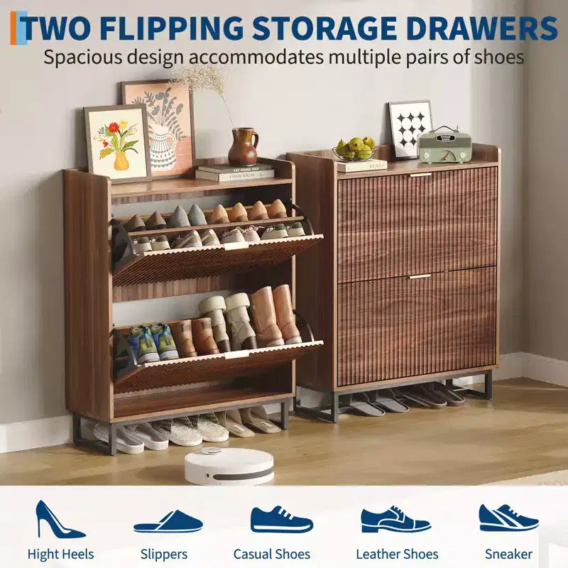 Storage Cabinet with 2 Flip Drawers, Narrow Fluted Rack Organizer, Walnut, 11.8in Deep