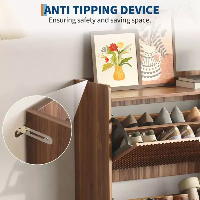 Storage Cabinet with 2 Flip Drawers, Narrow Fluted Rack Organizer, Walnut, 11.8in Deep