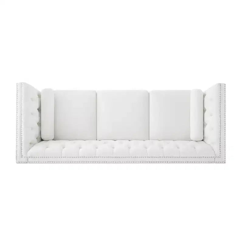 3-Seat Sofa Upholstered Cloud Sofa Couch Cozy Louge Sofa with 2 Pillows, Nailhead Trim & Wood Legs, Beige