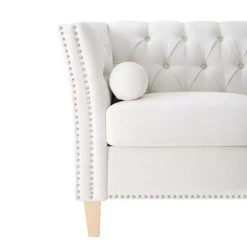 3-Seat Sofa Upholstered Cloud Sofa Couch Cozy Louge Sofa with 2 Pillows, Nailhead Trim & Wood Legs, Beige