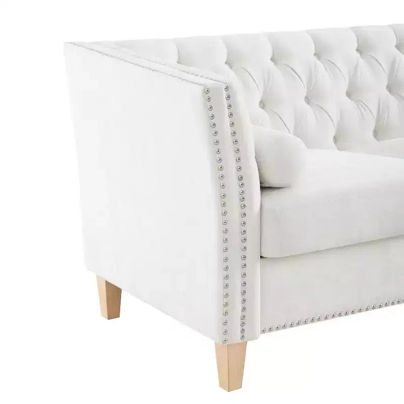 3-Seat Sofa Upholstered Cloud Sofa Couch Cozy Louge Sofa with 2 Pillows, Nailhead Trim & Wood Legs, Beige