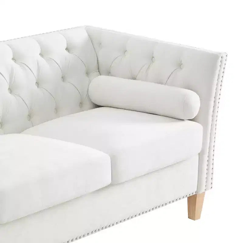 3-Seat Sofa Upholstered Cloud Sofa Couch Cozy Louge Sofa with 2 Pillows, Nailhead Trim & Wood Legs, Beige