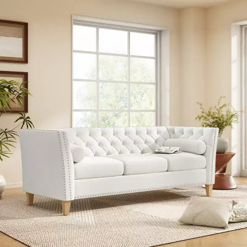 3-Seat Sofa Upholstered Cloud Sofa Couch Cozy Louge Sofa with 2 Pillows, Nailhead Trim & Wood Legs, Beige