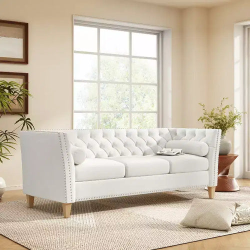 3-Seat Sofa Upholstered Cloud Sofa Couch Cozy Louge Sofa with 2 Pillows, Nailhead Trim & Wood Legs, Beige