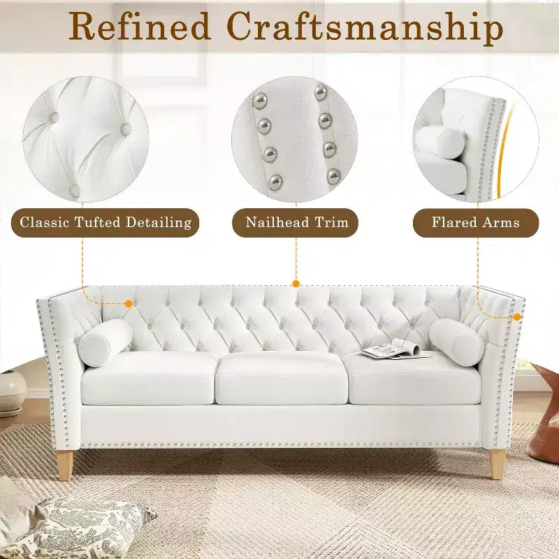 3-Seat Sofa Upholstered Cloud Sofa Couch Cozy Louge Sofa with 2 Pillows, Nailhead Trim & Wood Legs, Beige