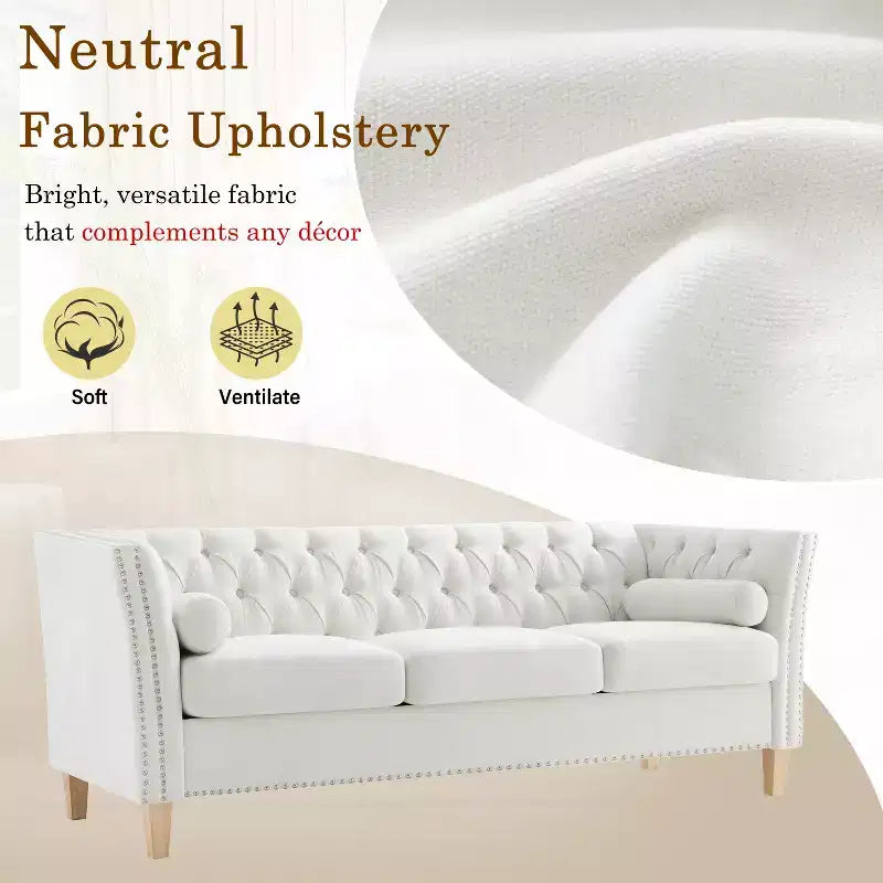 3-Seat Sofa Upholstered Cloud Sofa Couch Cozy Louge Sofa with 2 Pillows, Nailhead Trim & Wood Legs, Beige