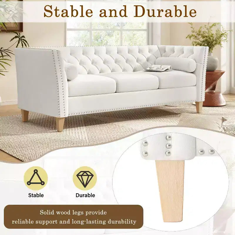 3-Seat Sofa Upholstered Cloud Sofa Couch Cozy Louge Sofa with 2 Pillows, Nailhead Trim & Wood Legs, Beige