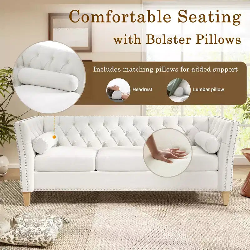 3-Seat Sofa Upholstered Cloud Sofa Couch Cozy Louge Sofa with 2 Pillows, Nailhead Trim & Wood Legs, Beige