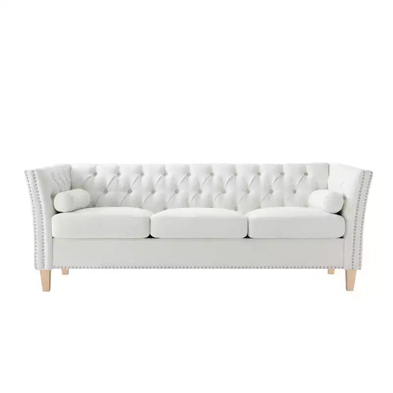 3-Seat Sofa Upholstered Cloud Sofa Couch Cozy Louge Sofa with 2 Pillows, Nailhead Trim & Wood Legs, Beige
