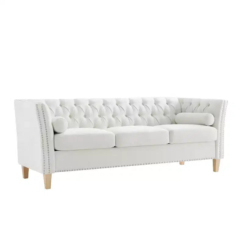 3-Seat Sofa Upholstered Cloud Sofa Couch Cozy Louge Sofa with 2 Pillows, Nailhead Trim & Wood Legs, Beige