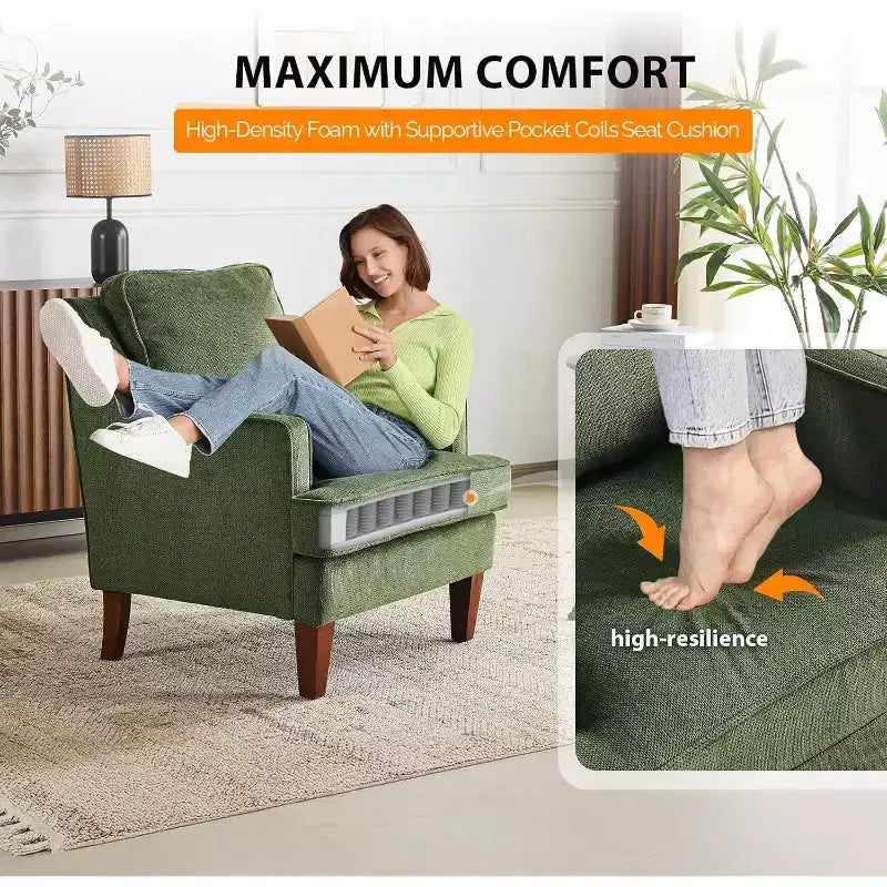 Chairs, Green Upholstered Armchair Comfy Sofa Chair Reading Chair High Back Living Room Bedroom Furniture for Apartment
