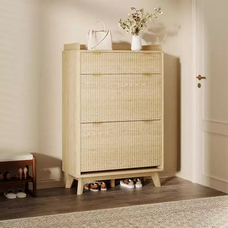 Modern recessed cabinet, suitable for entryways, 48-inch tall narrow rack with storage drawers, 2 flip-top drawers and adjustable shelves.