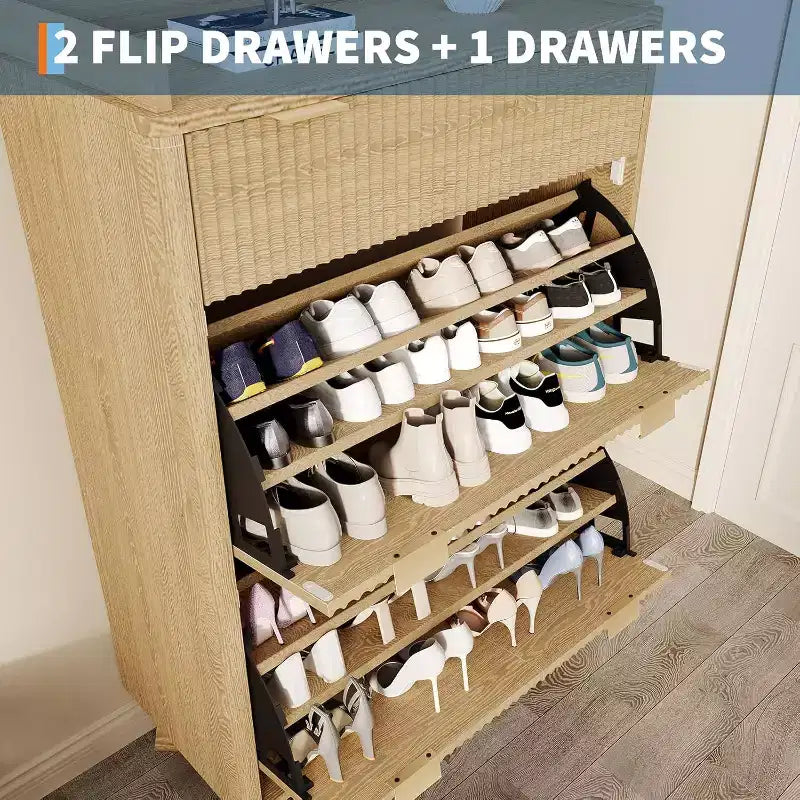 Modern recessed cabinet, suitable for entryways, 48-inch tall narrow rack with storage drawers, 2 flip-top drawers and adjustable shelves.