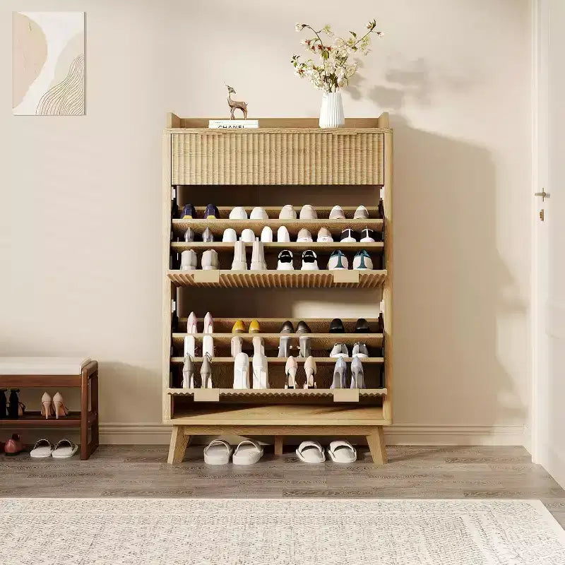 Modern recessed cabinet, suitable for entryways, 48-inch tall narrow rack with storage drawers, 2 flip-top drawers and adjustable shelves.