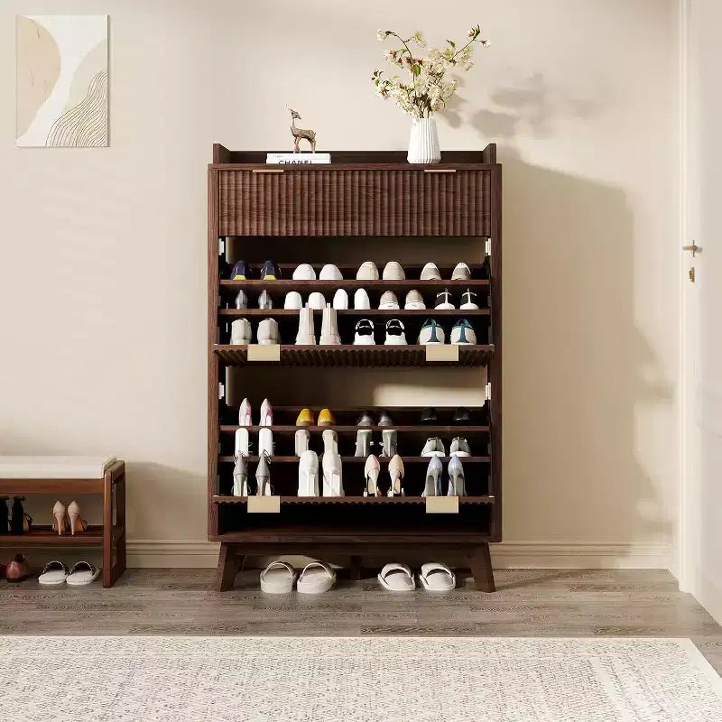 Modern recessed cabinet, suitable for entryways, 48-inch tall narrow rack with storage drawers, 2 flip-top drawers and adjustable shelves.