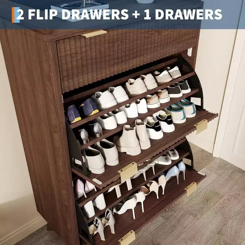 Modern recessed cabinet, suitable for entryways, 48-inch tall narrow rack with storage drawers, 2 flip-top drawers and adjustable shelves.