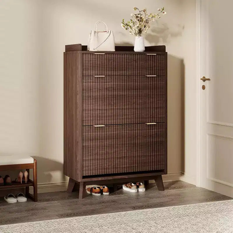 Modern recessed cabinet, suitable for entryways, 48-inch tall narrow rack with storage drawers, 2 flip-top drawers and adjustable shelves.
