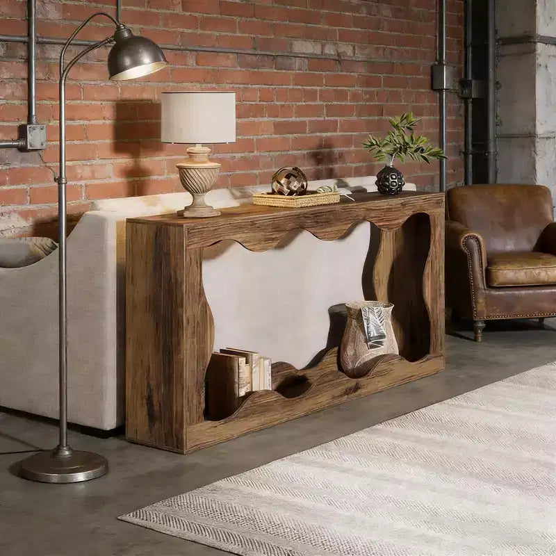 Tavolino in legno con design ondulato e 2 ripiani portaoggetti